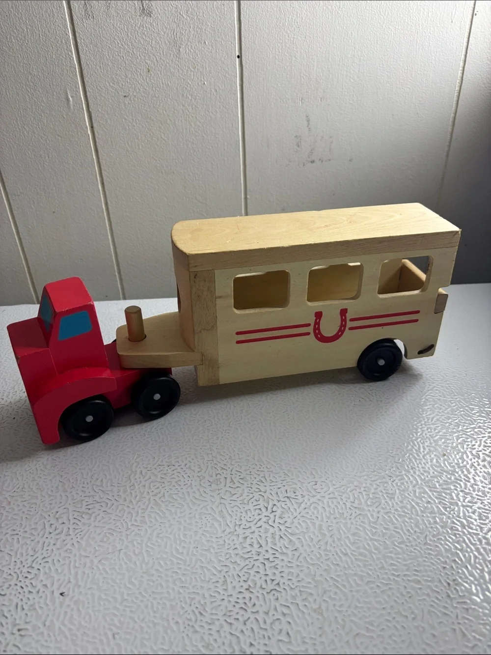 Wooden Red Truck with Beige Trailer Kids Toy
